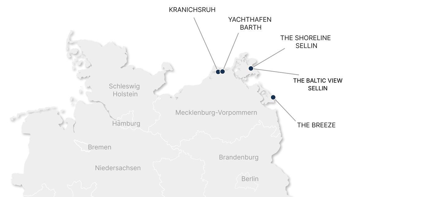 Karte Norddeutschlands mit den CH2-Standorten Fuhlendorf, Barth, Sellin und Ahlbeck